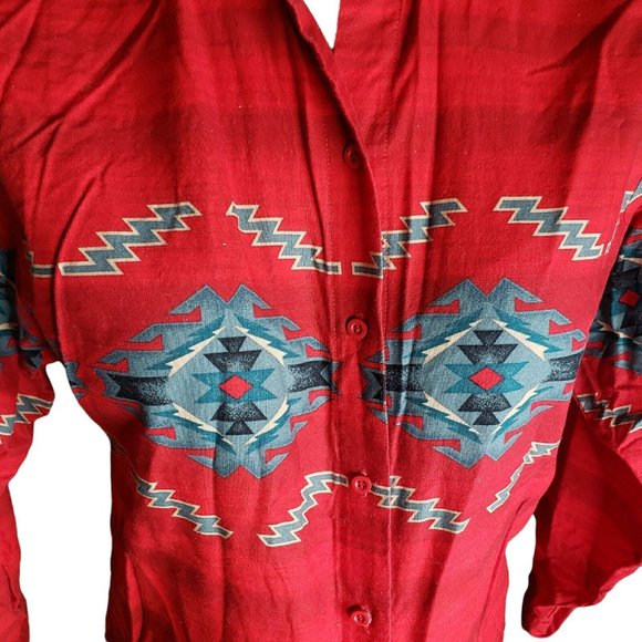 EUC Roper Western Shirt - Aztec Symbols on Muted Red Stripes - Women Size Small - Picture 5 of 9